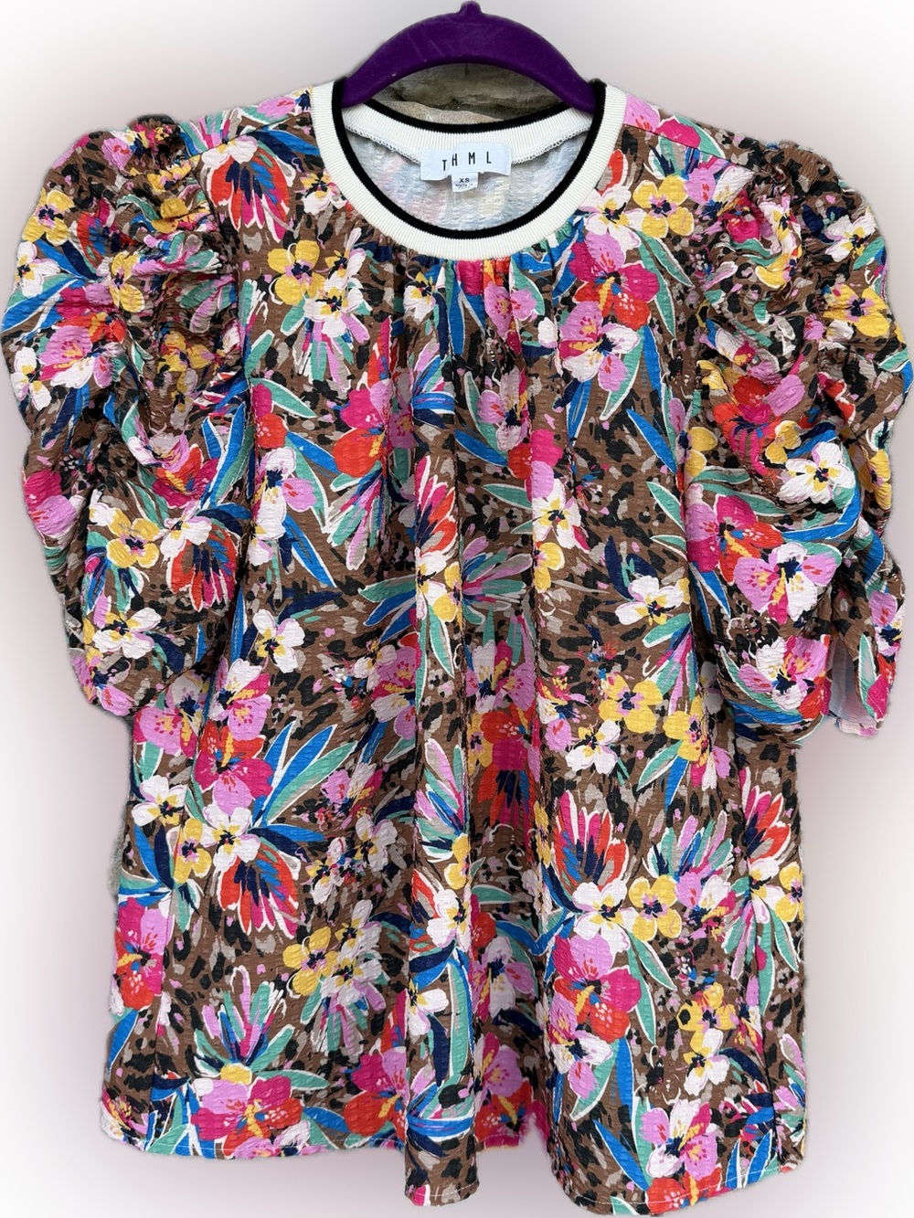 THML Mixed Media Leopard Floral Puff Sleeve Blouse Top XS